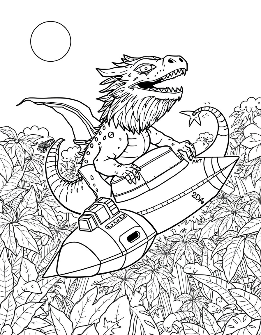 Bearded dragon riding a spaceship over the jungle