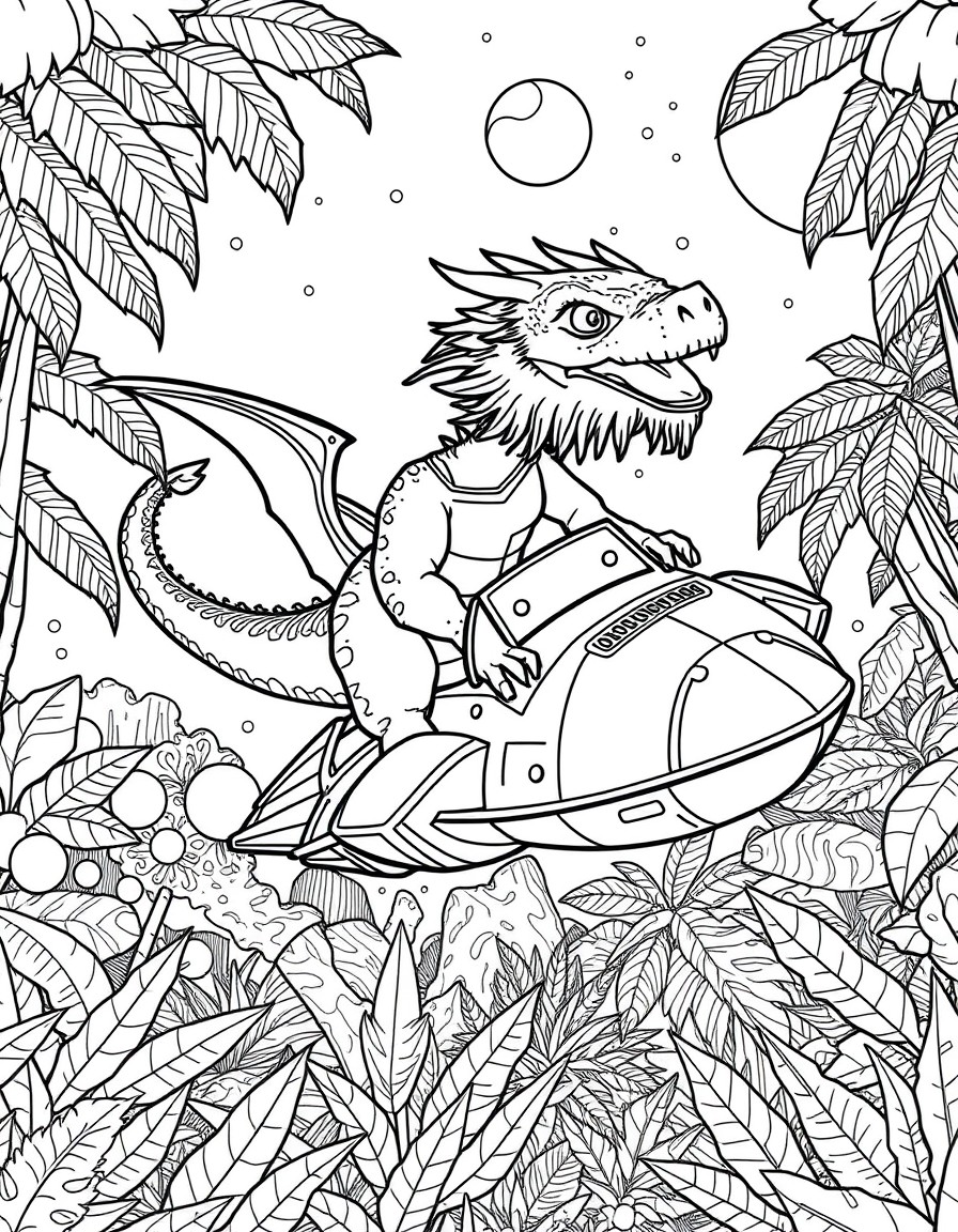 Bearded dragon riding a spaceship over the jungle