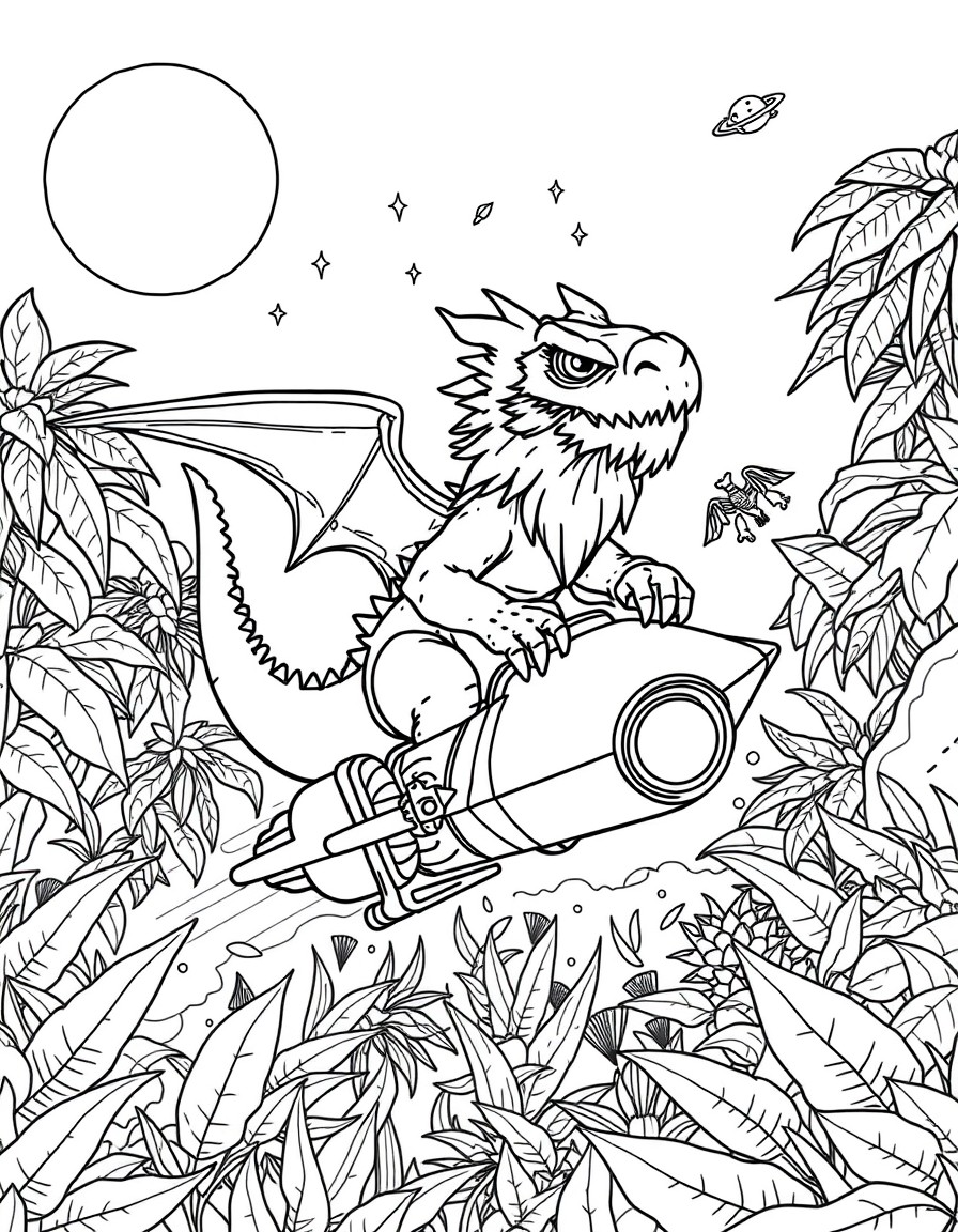 Bearded dragon riding a spaceship over the jungle