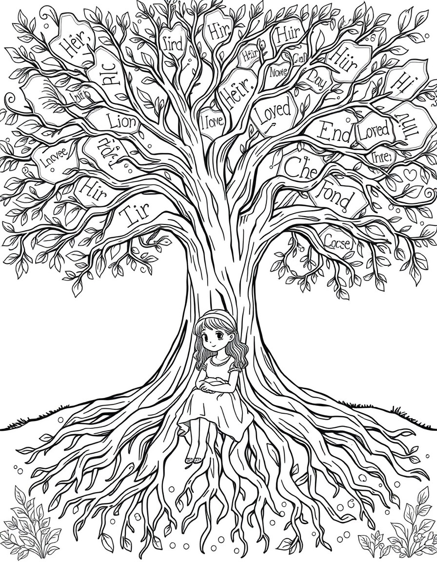 A daughter sitting peacefully under a large tree, roots forming words like Heir, Loved, and Chosen.