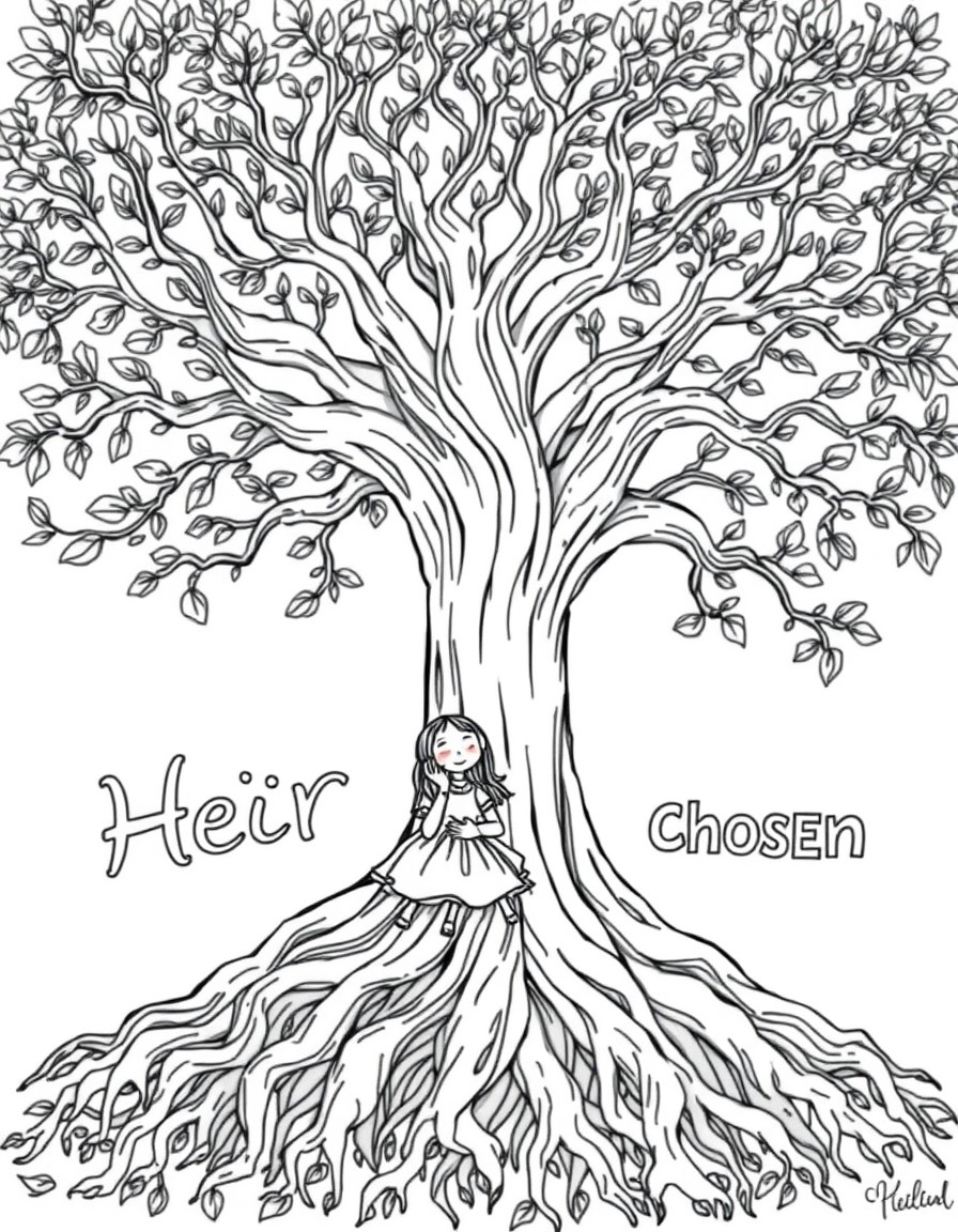 A daughter sitting peacefully under a large tree, roots forming words like Heir, Loved, and Chosen.