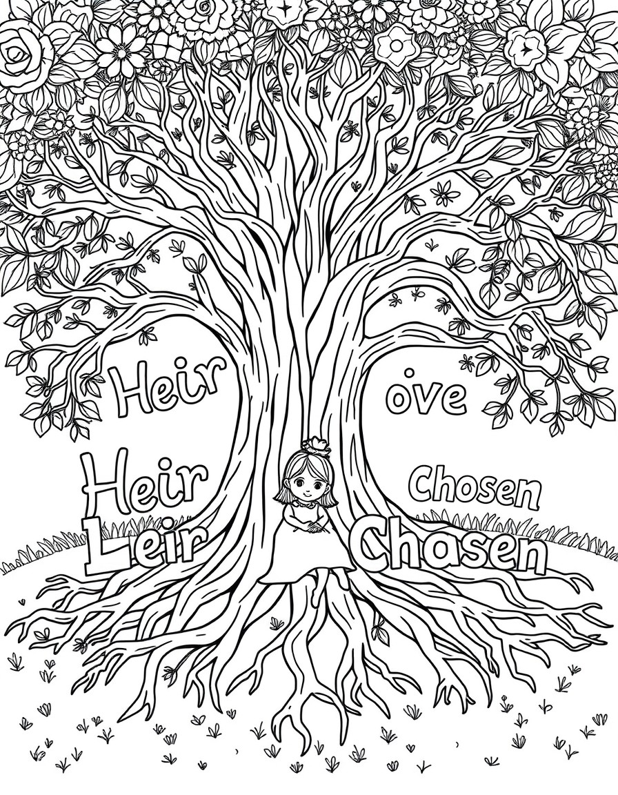 A daughter sitting peacefully under a large tree, roots forming words like Heir, Loved, and Chosen.