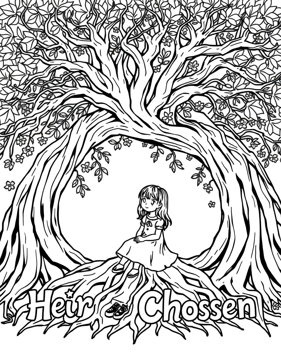 A daughter sitting peacefully under a large tree, roots forming words like Heir, Loved, and Chosen.