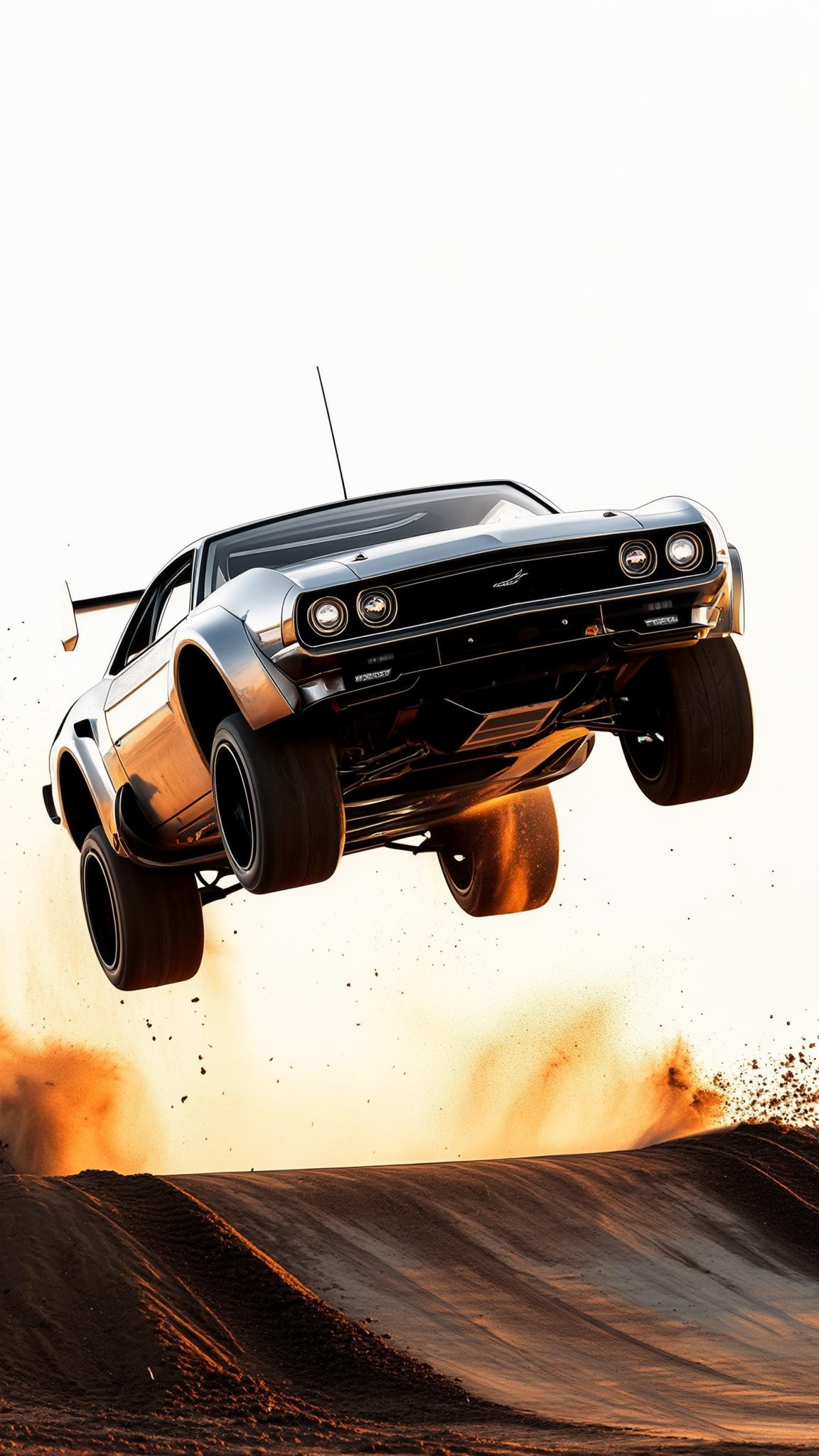 A futuristic racing car mid-air during a dramatic jump over a dirt ramp, dust flying everywhere, aggressive dynamic angle, ultra-realistic details, sunset lighting.