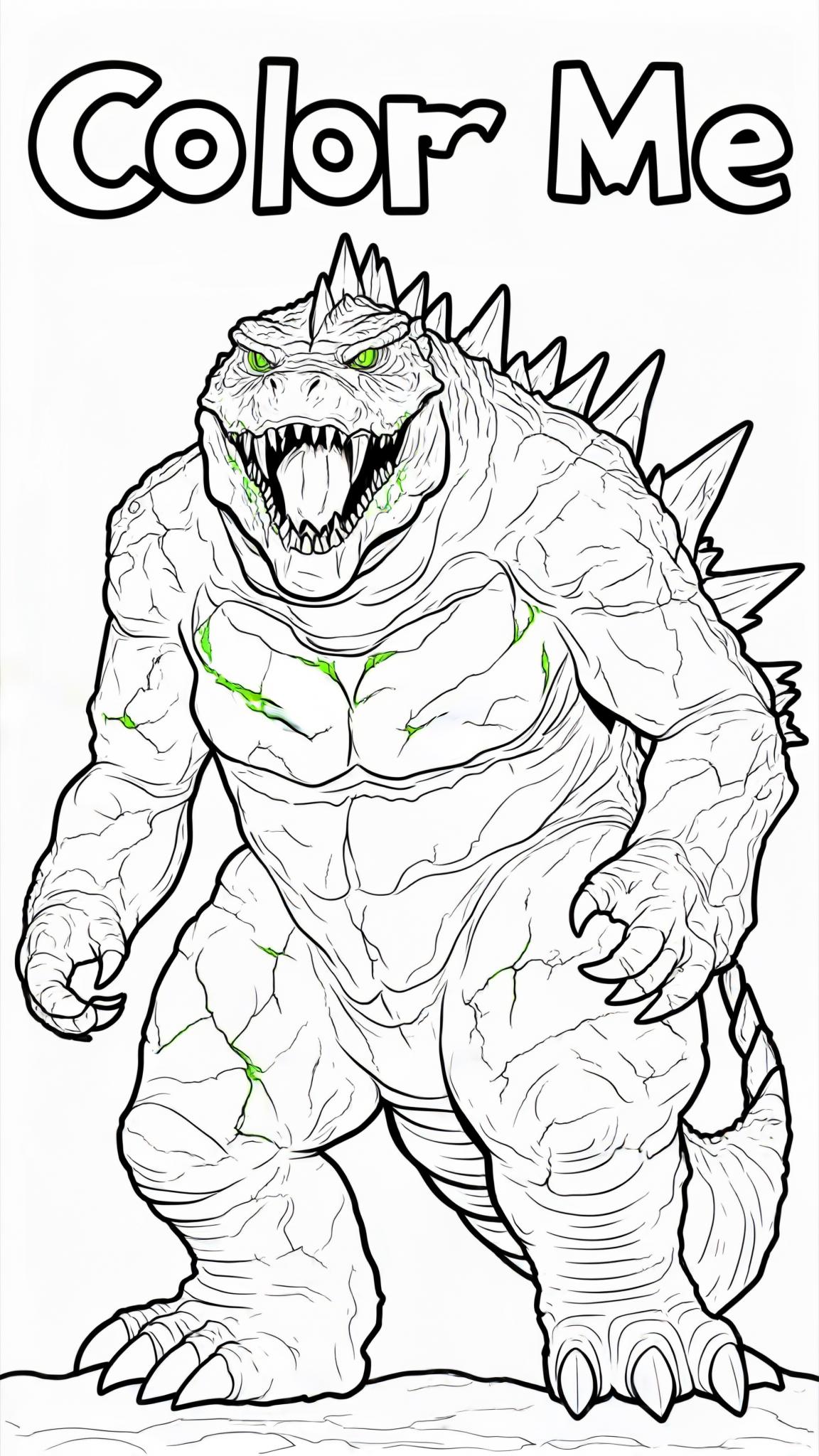 A giant rocky monster with glowing green cracks all over its body, sharp stone spikes on its back, and heavy fists like boulders. It has no eyes, but a huge mouth with jagged teeth. It stands in a mis