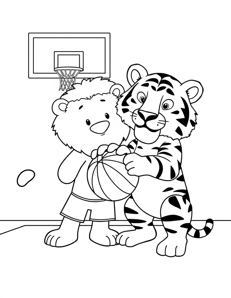 Un oso y un tigre posando con un balon en una duela de basketball