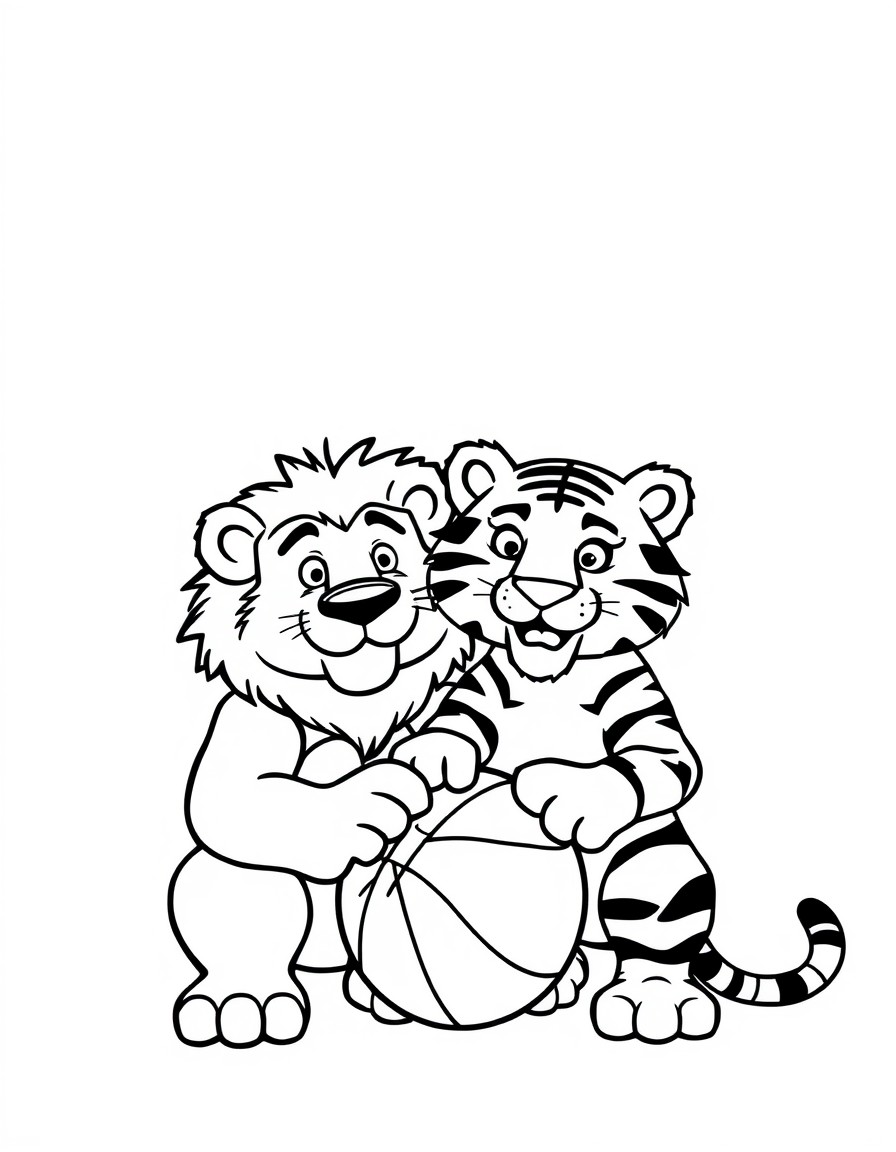 Un oso y un tigre posando con un balon en una duela de basketball