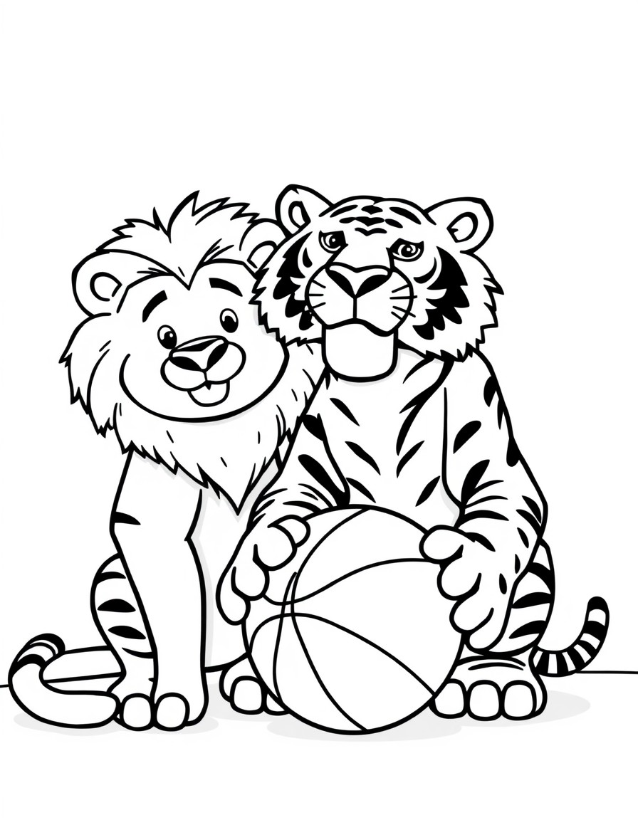 Un oso y un tigre posando con un balon en una duela de basketball