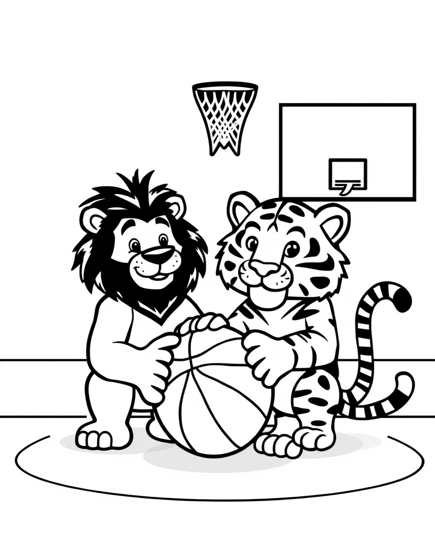 Un oso y un tigre posando con un balon en una duela de basketball