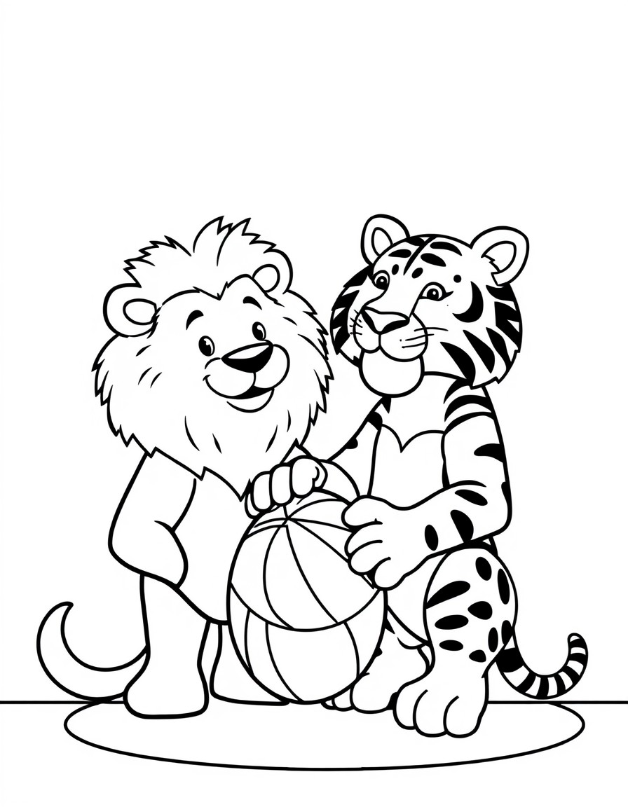 Un oso y un tigre posando con un balon en una duela de basketball