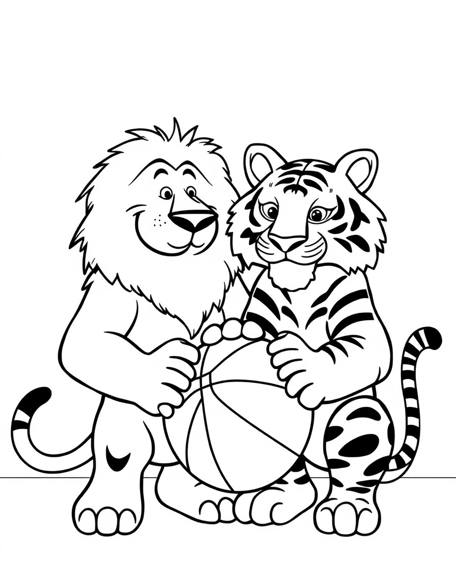 Un oso y un tigre posando con un balon en una duela de basketball