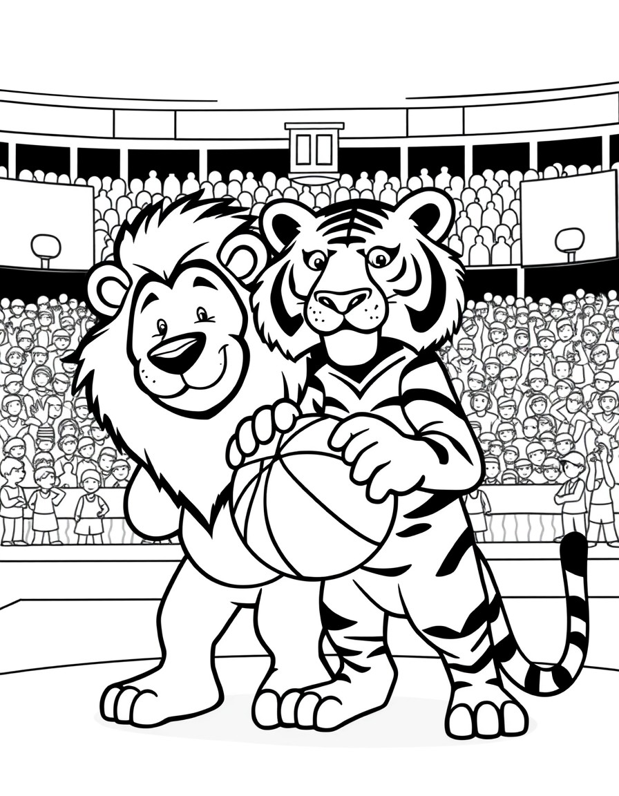 Un oso y un tigre posando con un baln en una duela de basketball y al fondo el publico