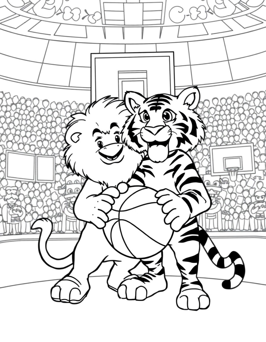 Un oso y un tigre posando con un baln en una duela de basketball y al fondo el publico