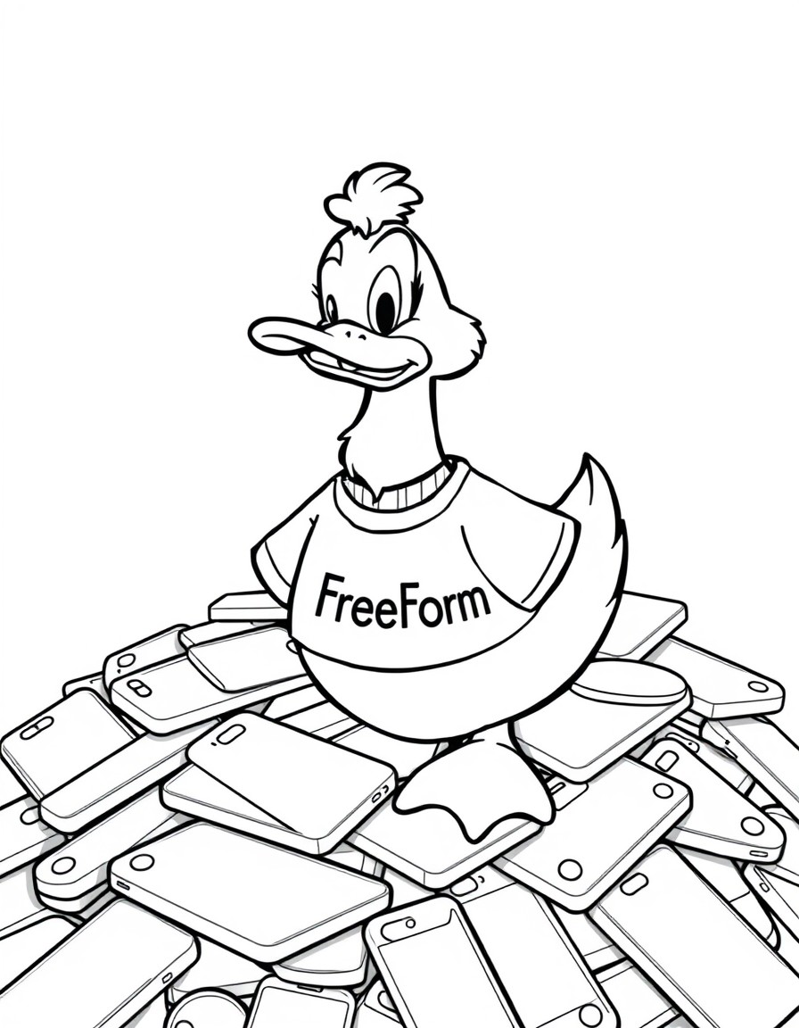 Cartoon duck on big a pile of i-phones  with a short beard and wearing a T-shirt that says FreeForm
