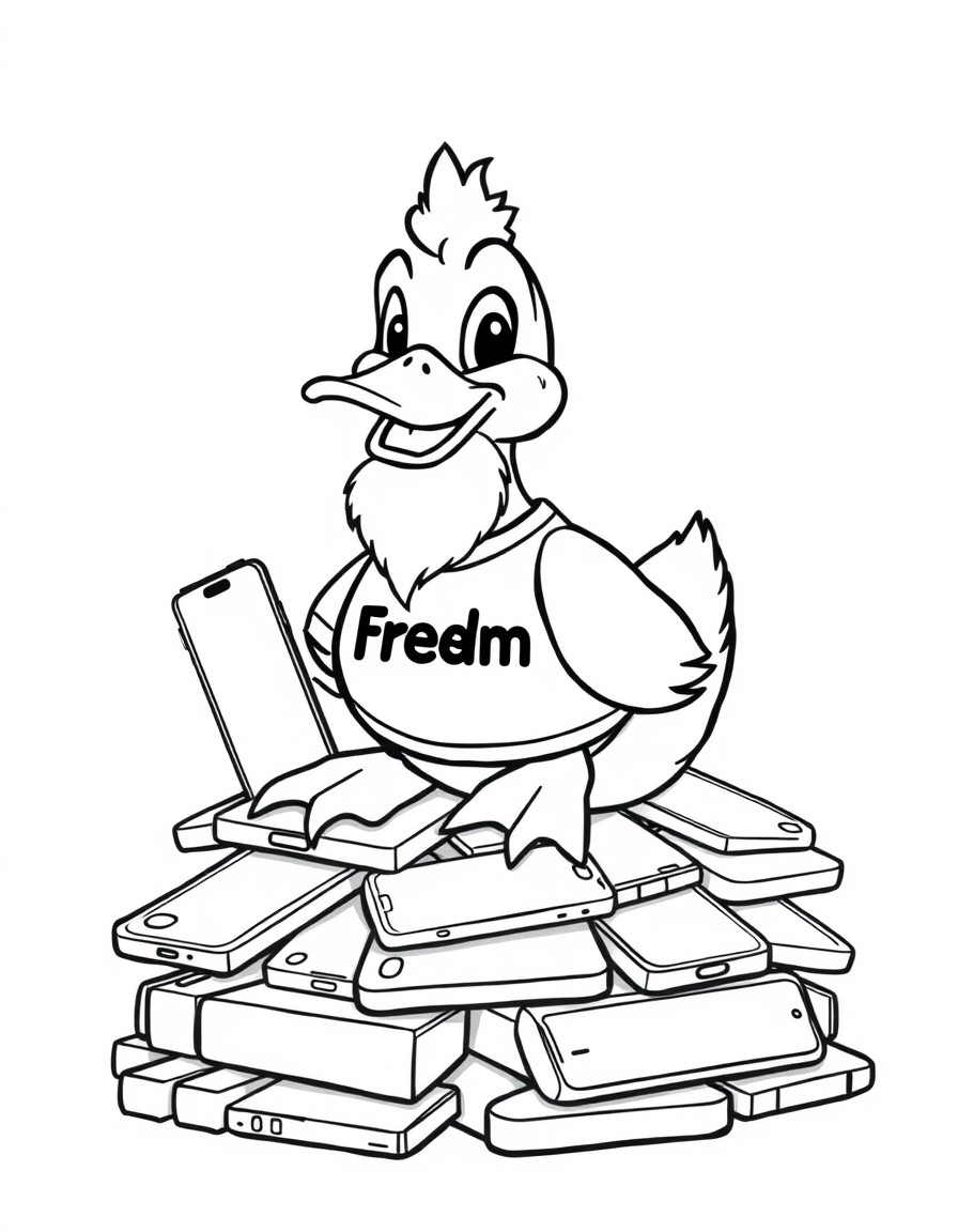Cartoon duck on big a pile of i-phones  with a short beard and wearing a T-shirt that says FreeForm