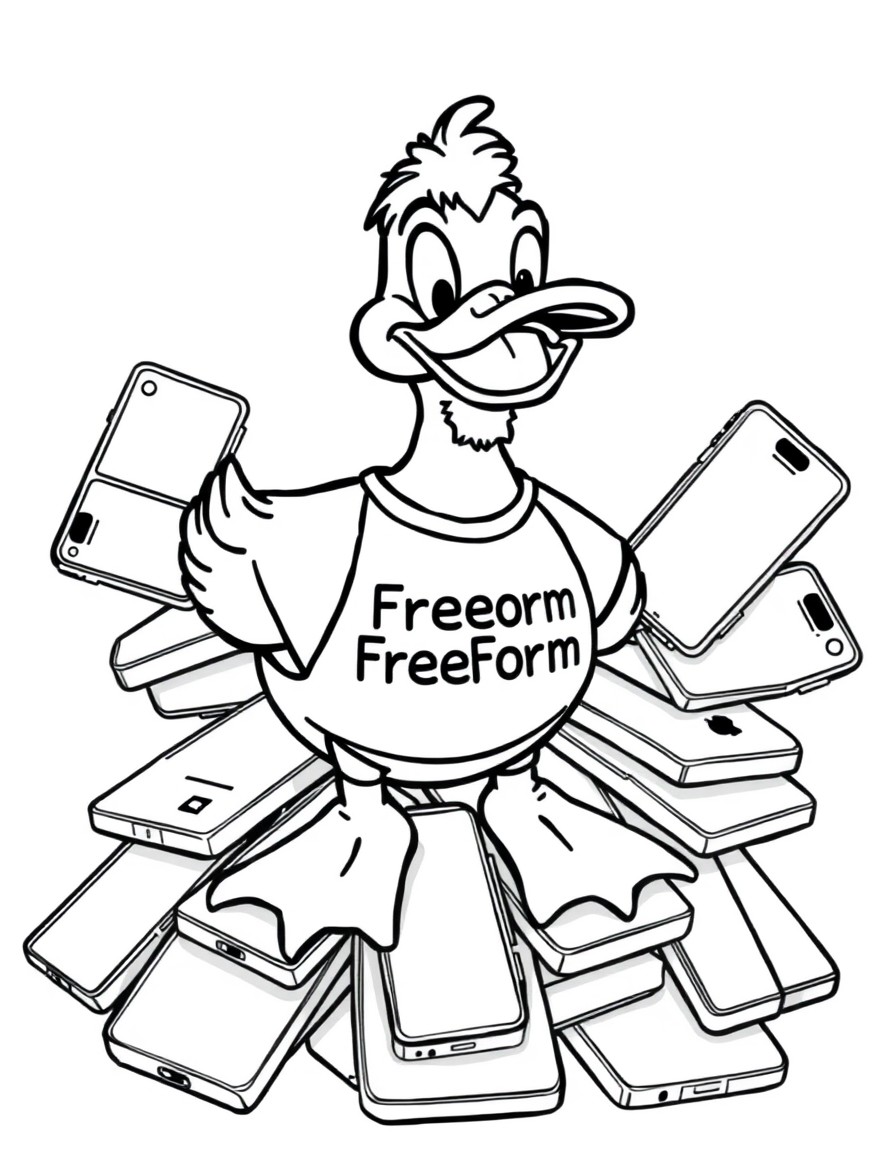 Cartoon duck on big a pile of i-phones  with a short beard and wearing a T-shirt that says FreeForm