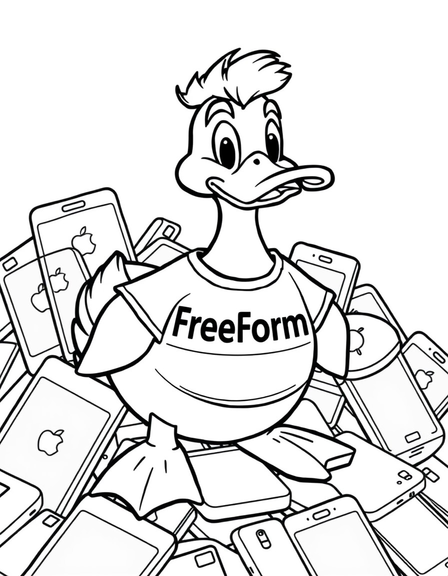 Cartoon duck on big a pile of i-phones  with a short beard and wearing a T-shirt that says FreeForm