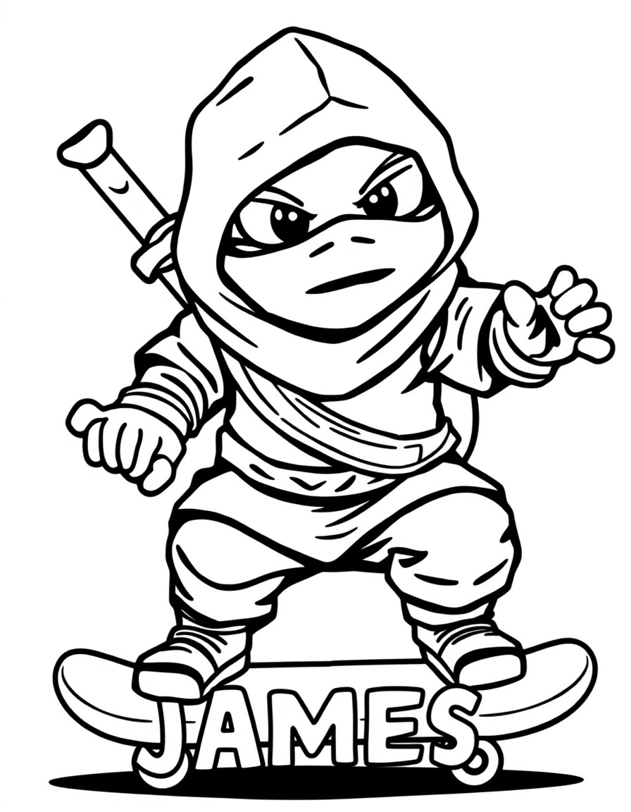 Uma tartaruga ninja em um skate e o texto 'JAMES' ao fundo