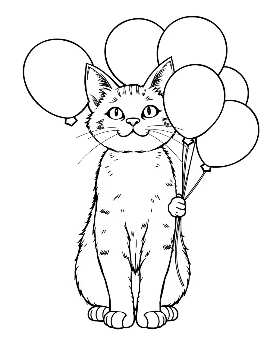 Cat holding balloons