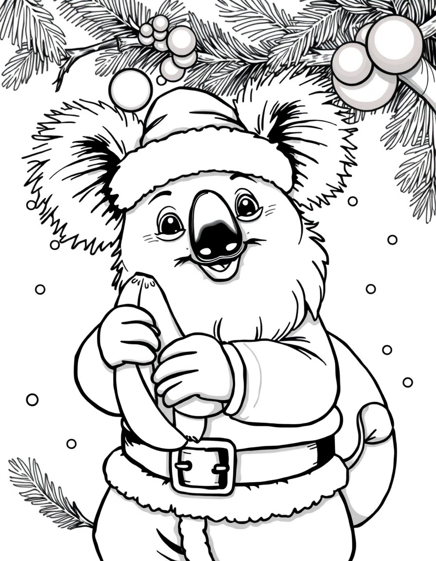 a cute koala throwing banas at santa claus