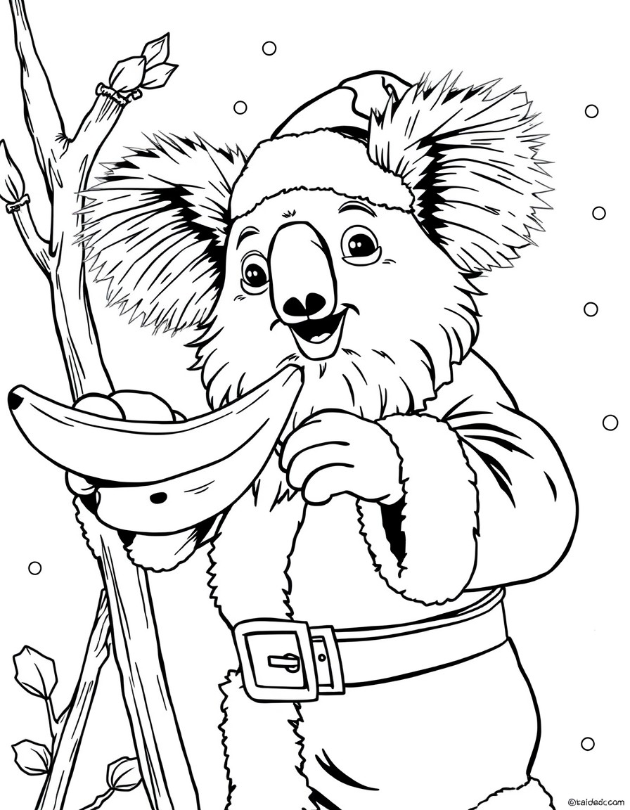 a cute koala throwing banas at santa claus