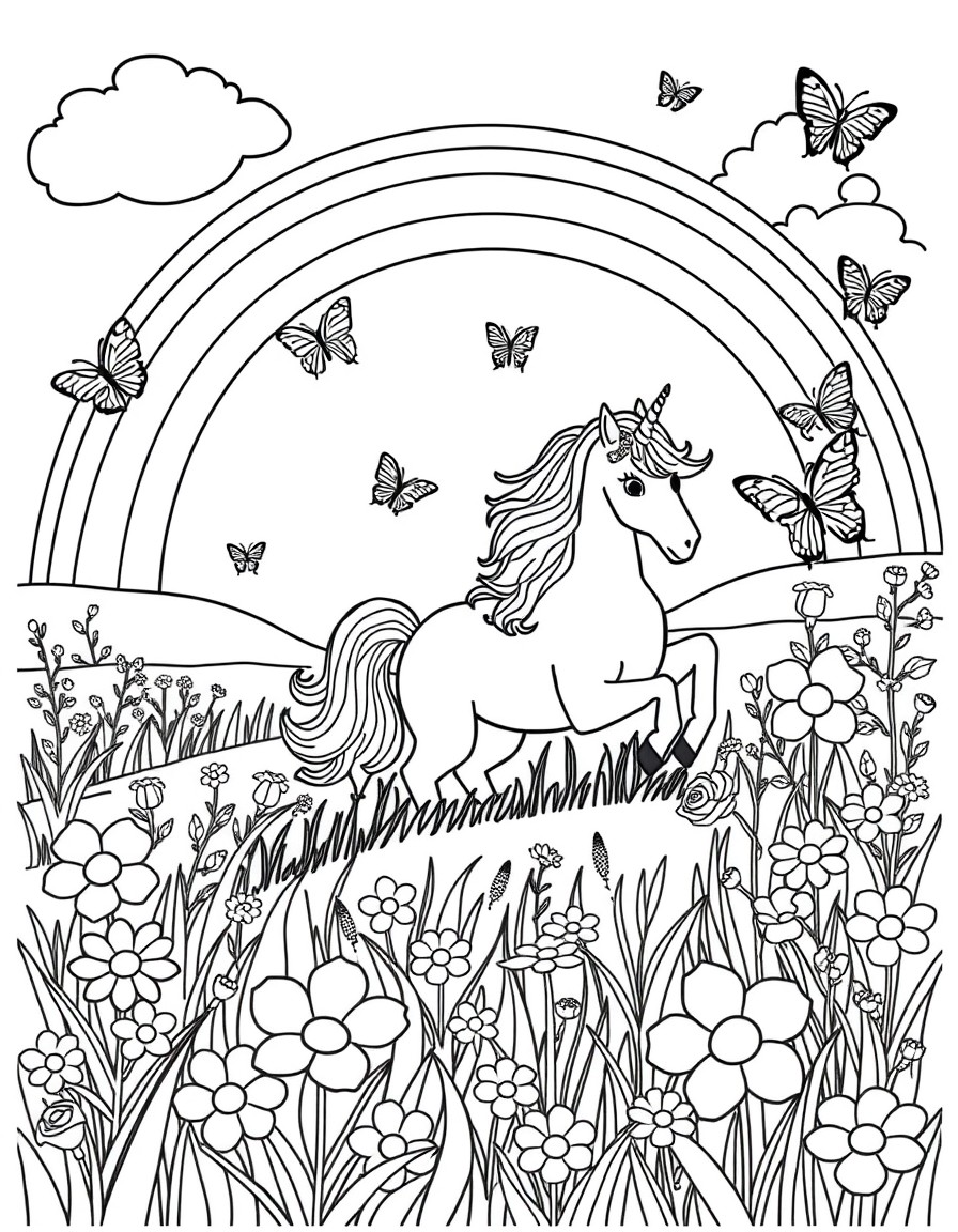 Rainbows Unicorns and butterflies in a green field with summer flowers