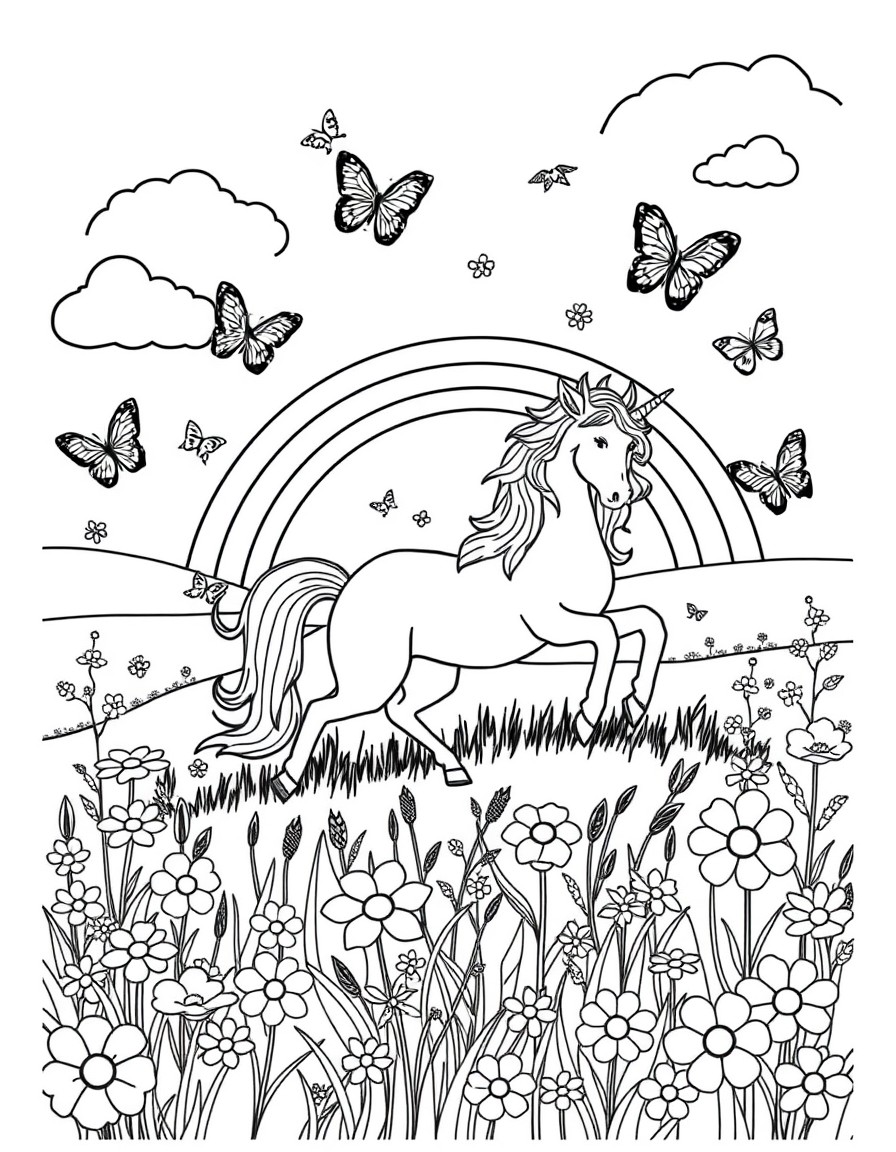 Rainbows Unicorns and butterflies in a green field with summer flowers