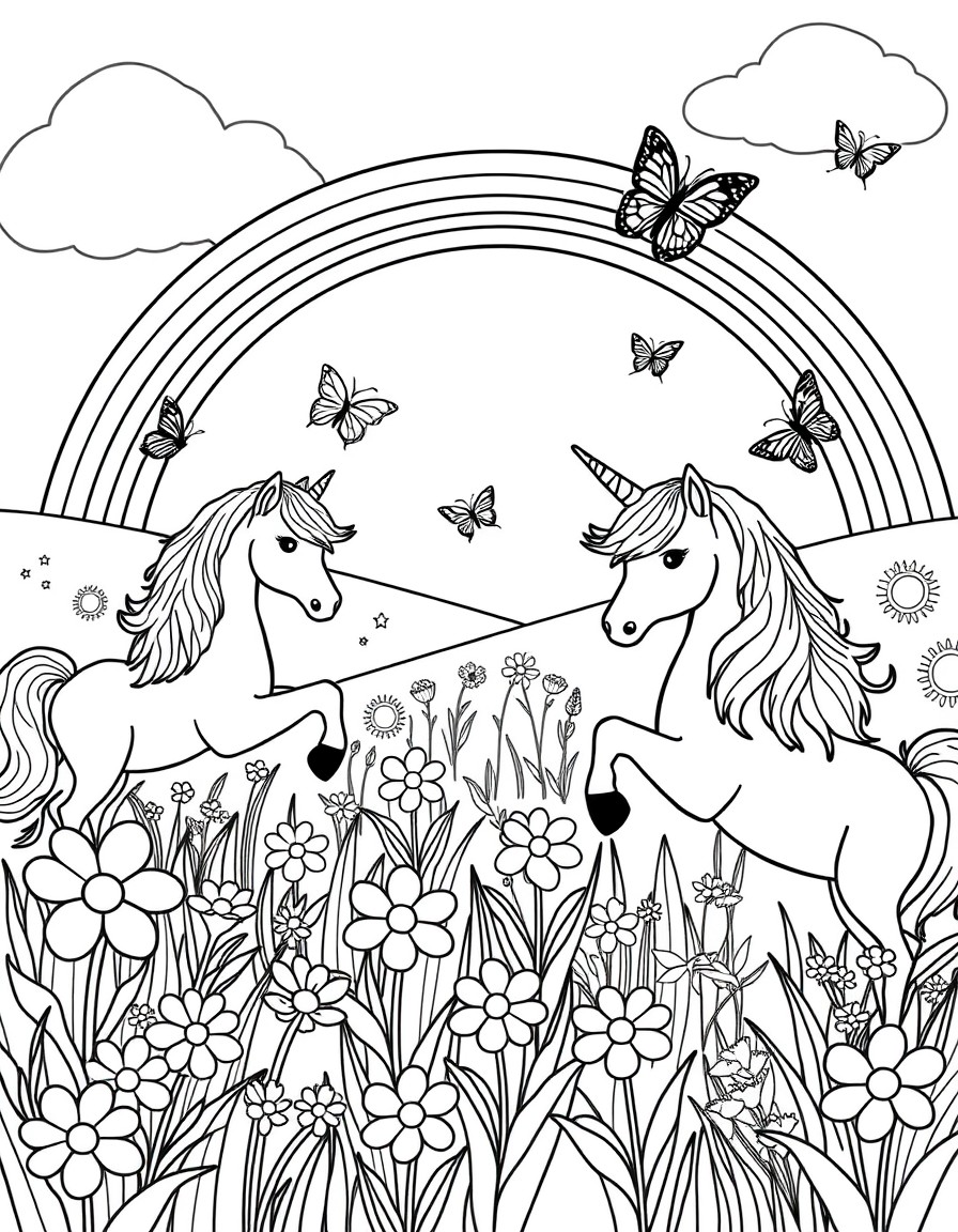 Rainbows Unicorns and butterflies in a green field with summer flowers