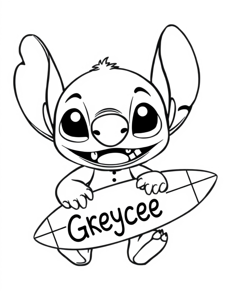 A cute stitch with a surfboard that says Greycee on it