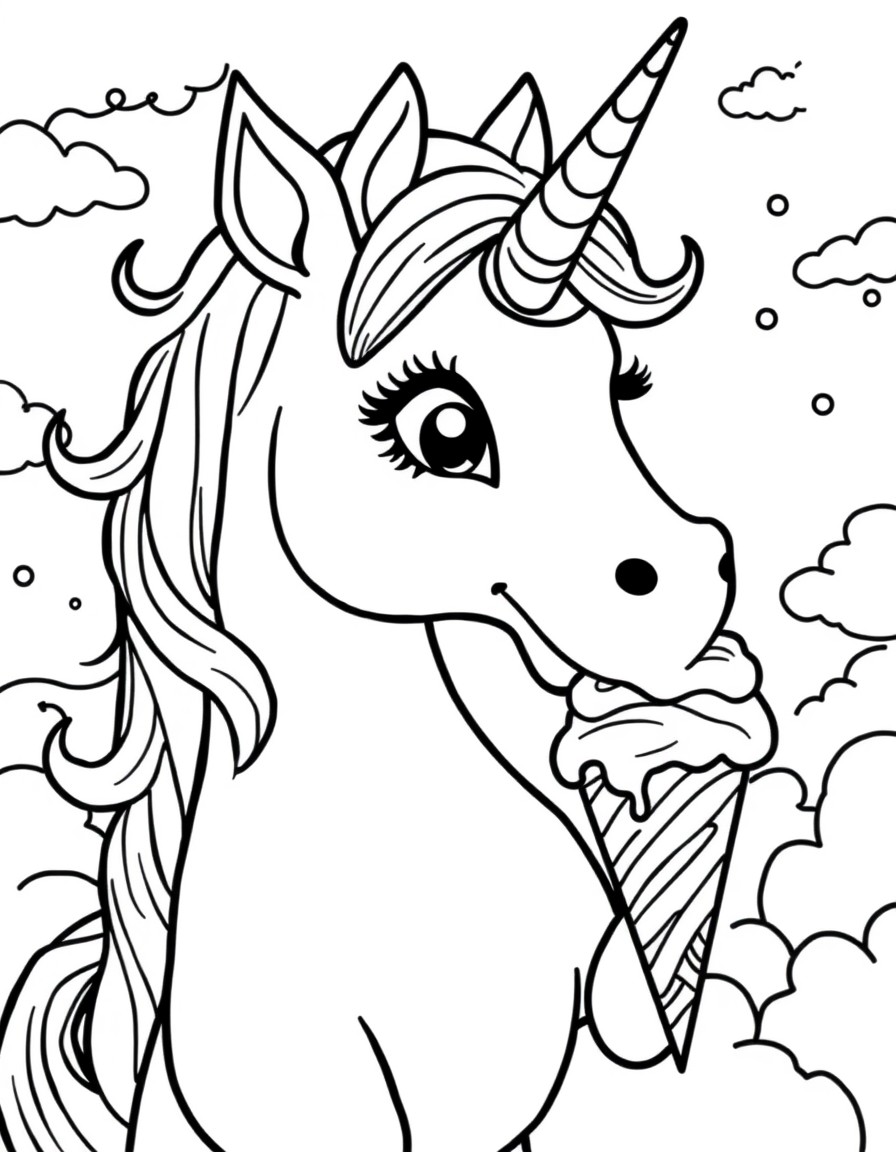 A cute unicorn eating ice cream and ice cream falling out of the sky