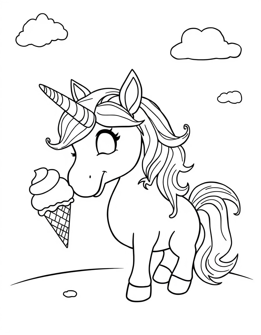 A cute unicorn eating ice cream and ice cream falling out of the sky