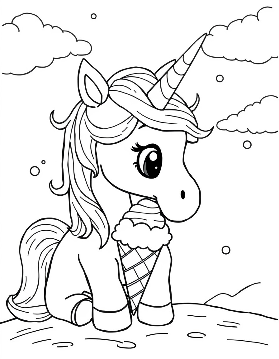 A cute unicorn eating ice cream and ice cream falling out of the sky