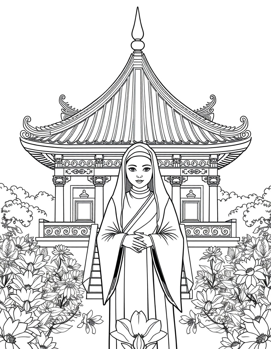 Lineart illustration of a Vietnamese temple in the background with intricate architectural detailmulti-tiered curved roof, lotus motifs, and ornamental pillars. Surrounding the nun is a balanced garde