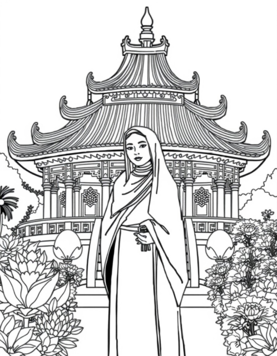 Lineart illustration of a Vietnamese temple in the background with intricate architectural detailmulti-tiered curved roof, lotus motifs, and ornamental pillars. Surrounding the nun is a balanced garde