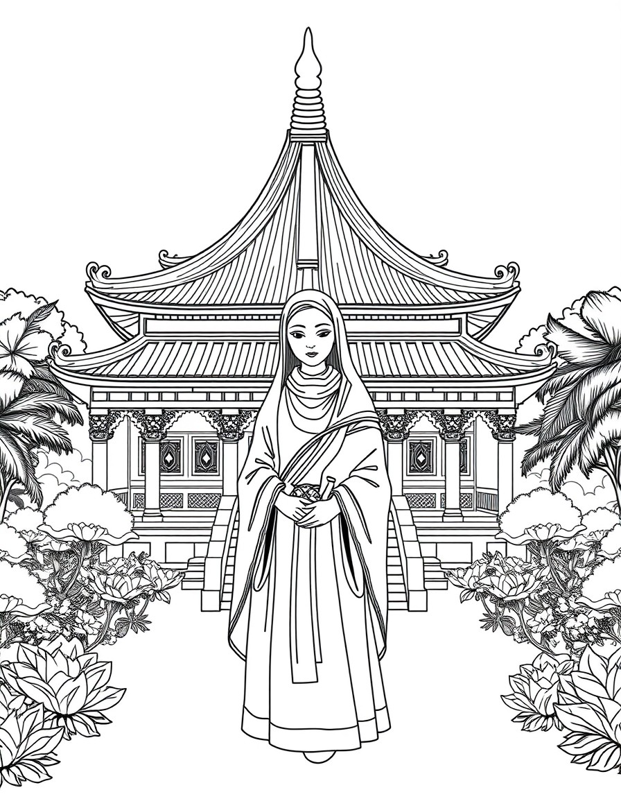 Lineart illustration of a Vietnamese temple in the background with intricate architectural detailmulti-tiered curved roof, lotus motifs, and ornamental pillars. Surrounding the nun is a balanced garde