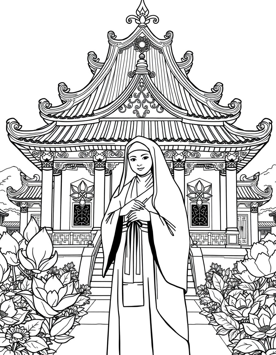 Lineart illustration of a Vietnamese temple in the background with intricate architectural detailmulti-tiered curved roof, lotus motifs, and ornamental pillars. Surrounding the nun is a balanced garde