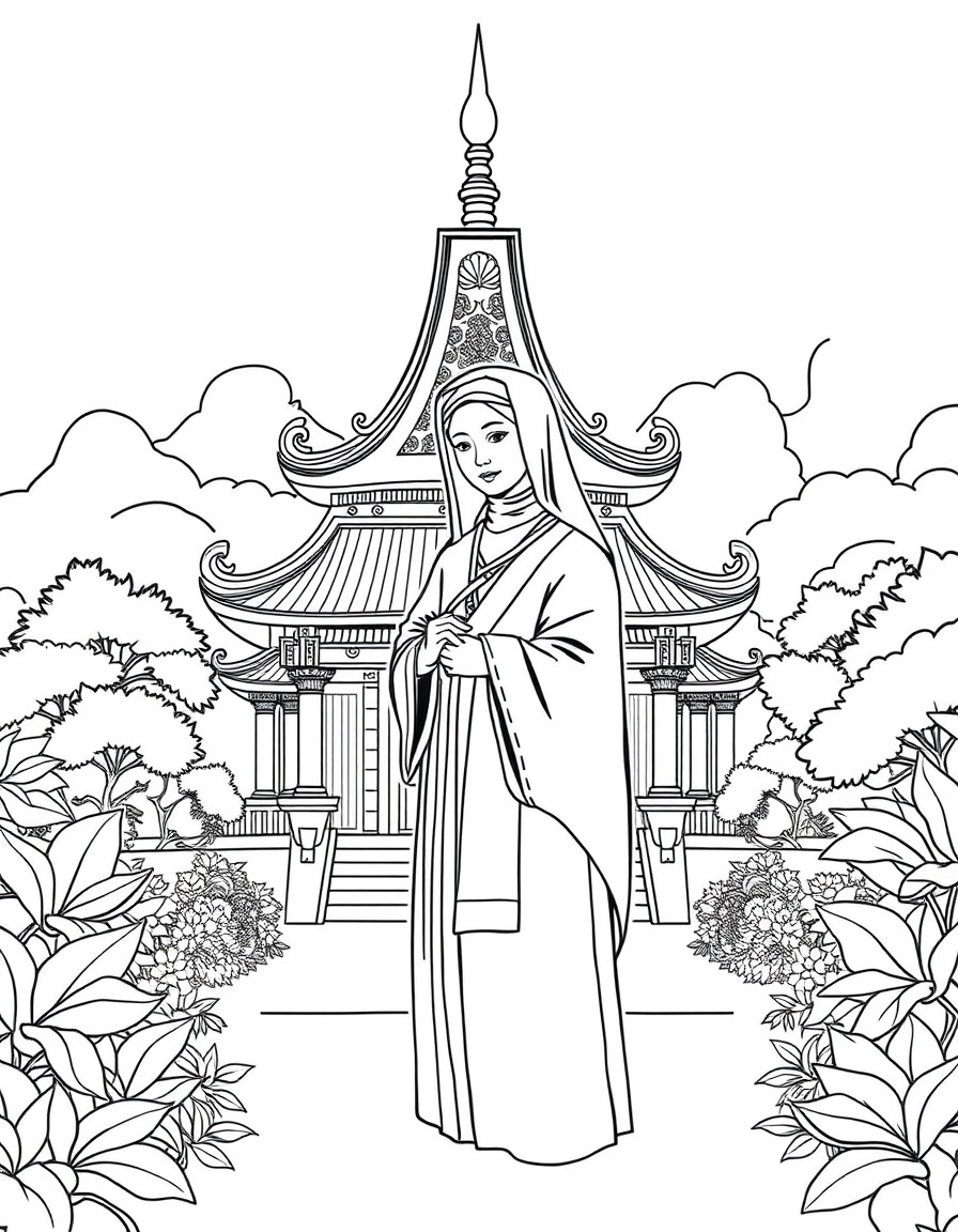 Lineart illustration of a Vietnamese temple in the background with intricate architectural detailmulti-tiered curved roof, lotus motifs, and ornamental pillars. Surrounding the nun is a balanced garde