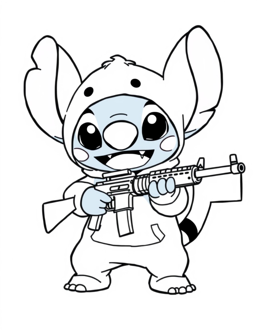 A cute Stitch in a Pikachu onesie holding an AK47