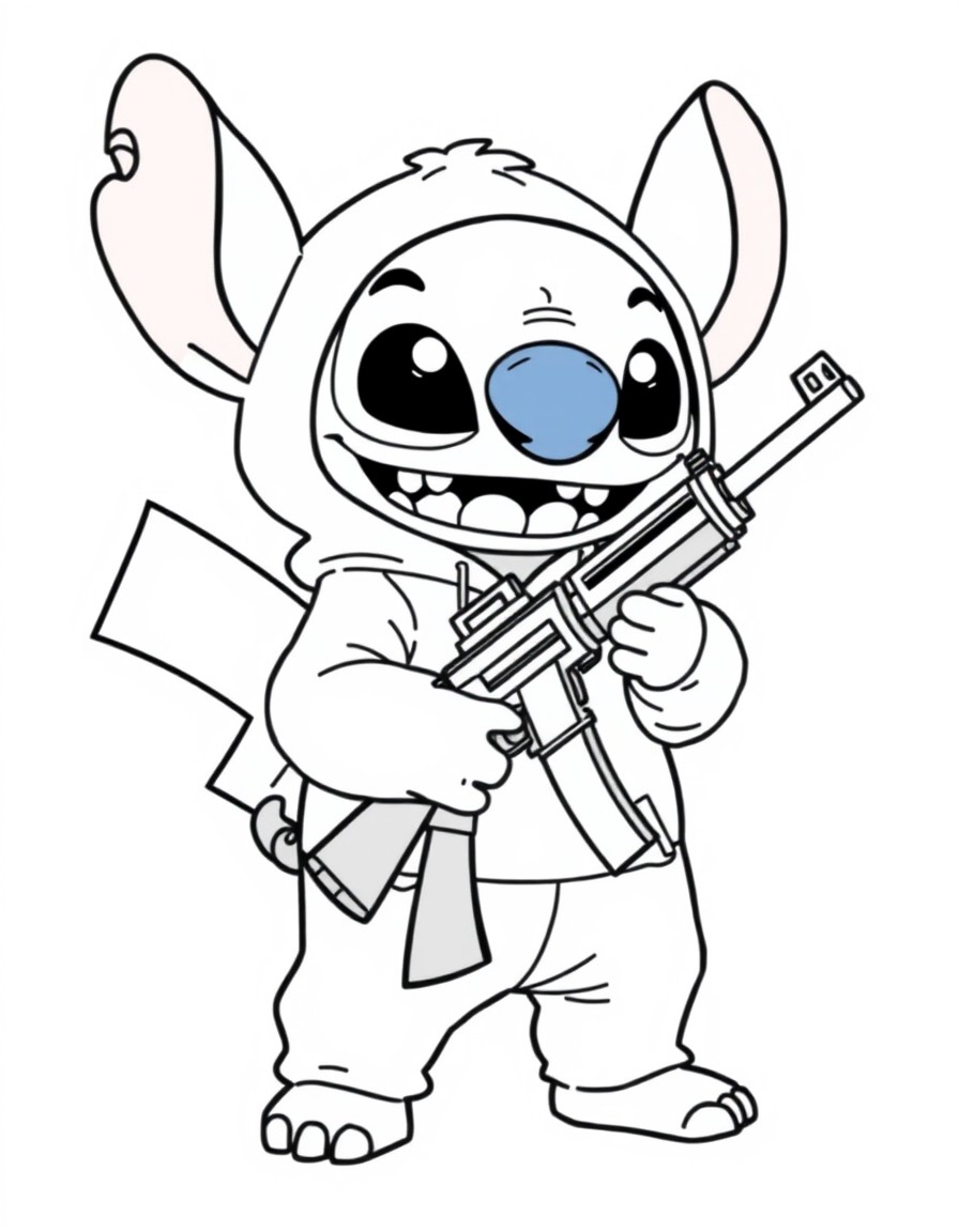 A cute Stitch in a Pikachu onesie holding an AK47