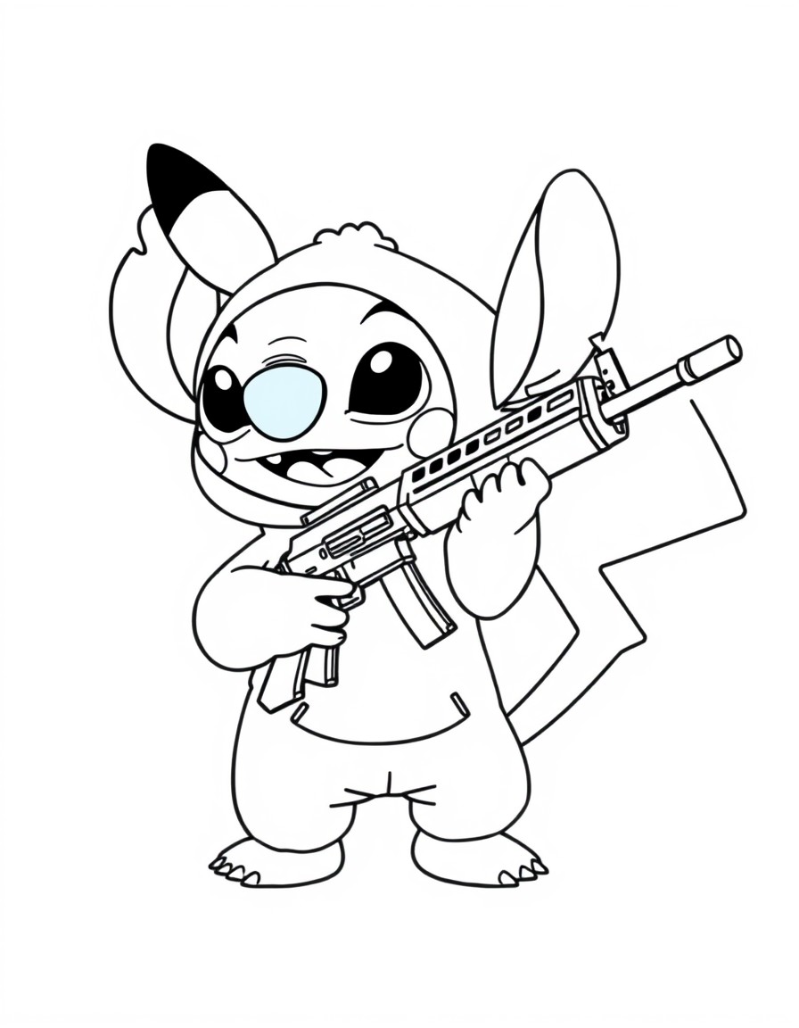 A cute Stitch in a Pikachu onesie holding an AK47