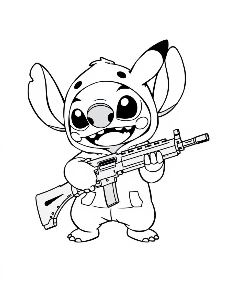 A cute Stitch in a Pikachu onesie holding an AK47