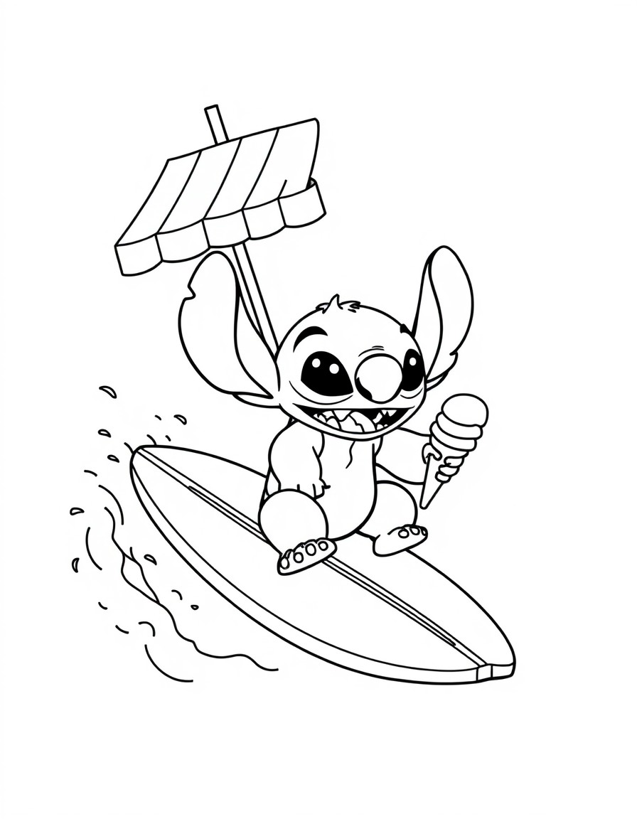 A cute Stitch riding a surfboard while stealing ice cream from the ice cream stand