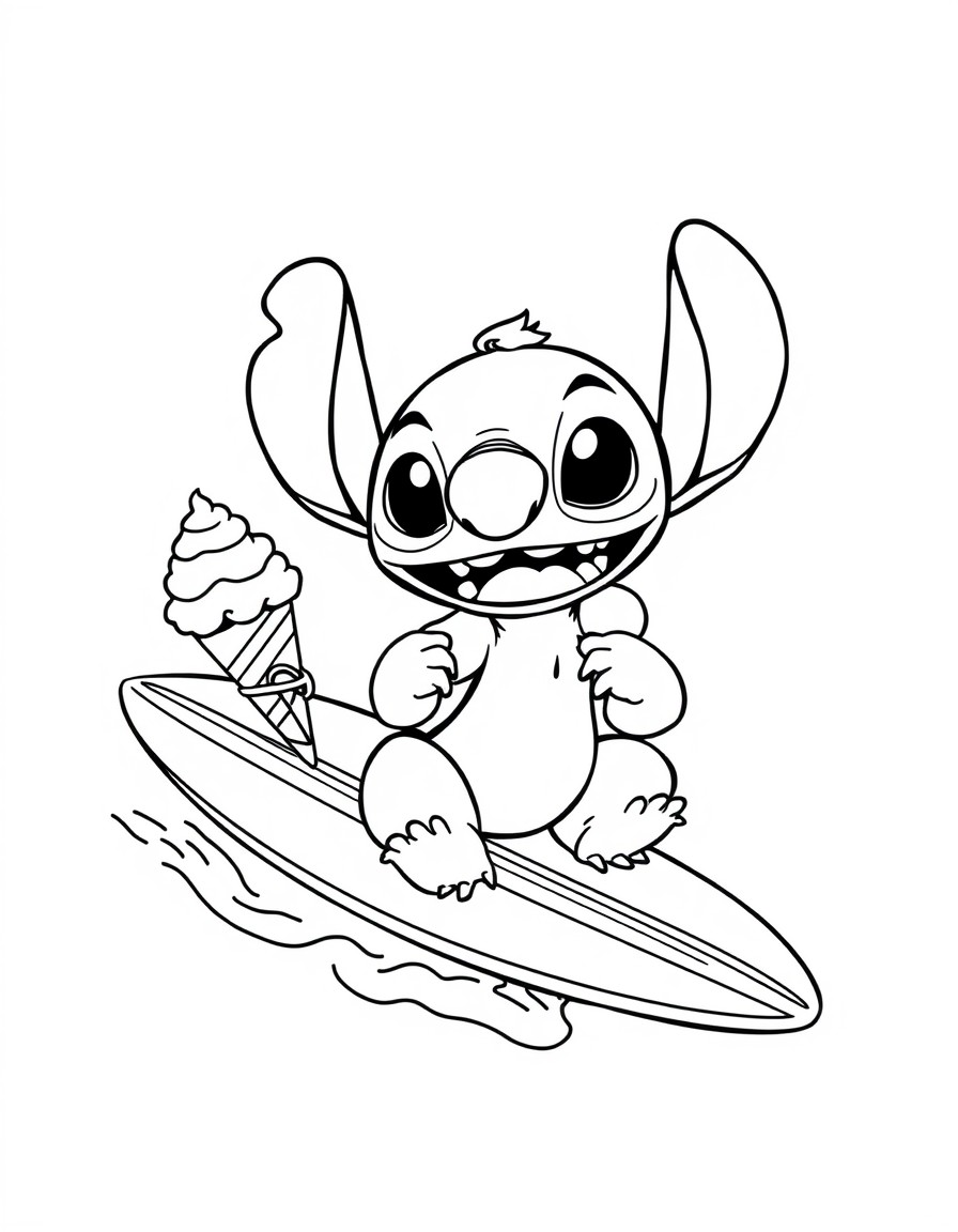 A cute Stitch riding a surfboard while stealing ice cream from the ice cream stand