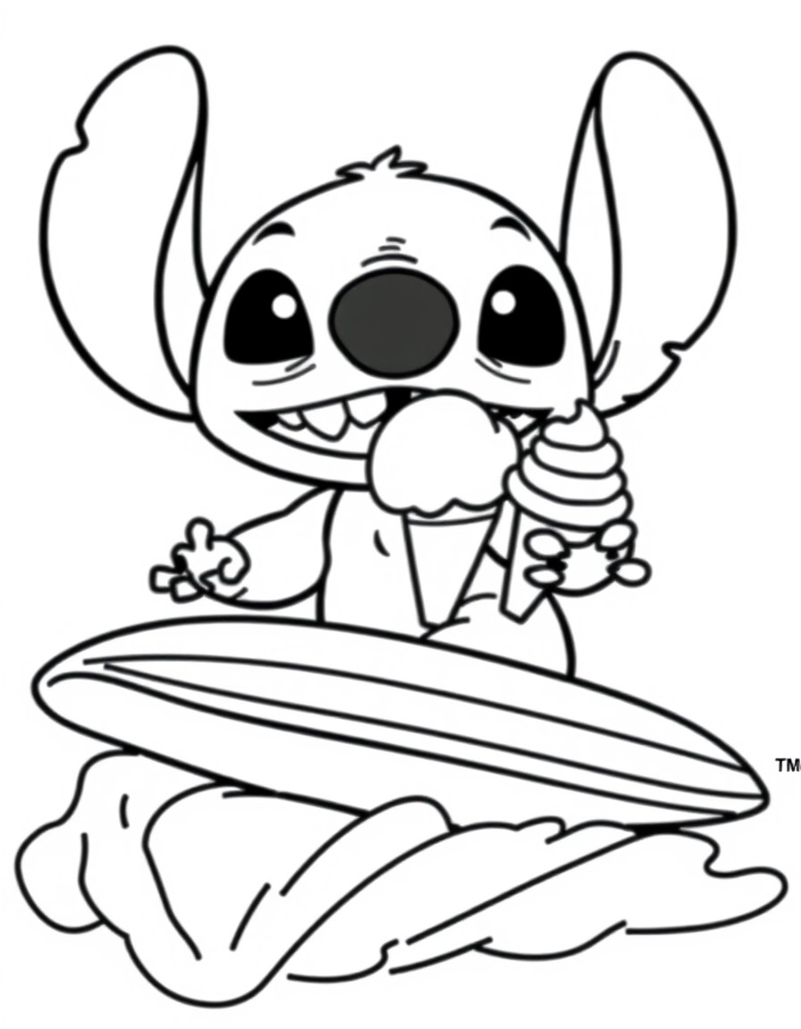 A cute Stitch riding a surfboard while stealing ice cream from the ice cream stand