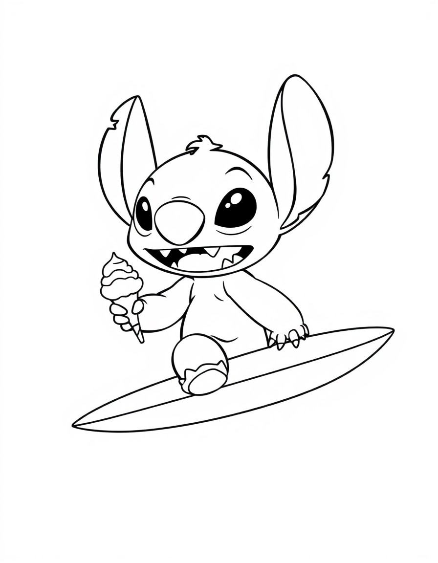 A cute Stitch riding a surfboard while stealing ice cream from the ice cream stand