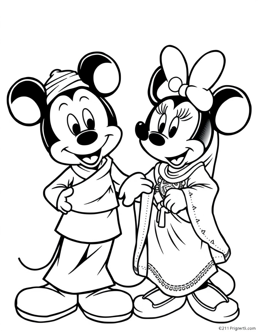 Mickey Mouse and Minnie Mouse  along with all their other cartoon characters wearing Omani traditional cloths like in the photo in this linkhttpsimages.app.goo.gl3QXPEzqVigW2S8eK6