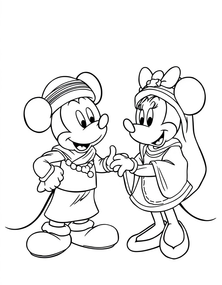 Mickey Mouse and Minnie Mouse  along with all their other cartoon characters wearing Omani traditional cloths like in the photo in this linkhttpsimages.app.goo.gl3QXPEzqVigW2S8eK6