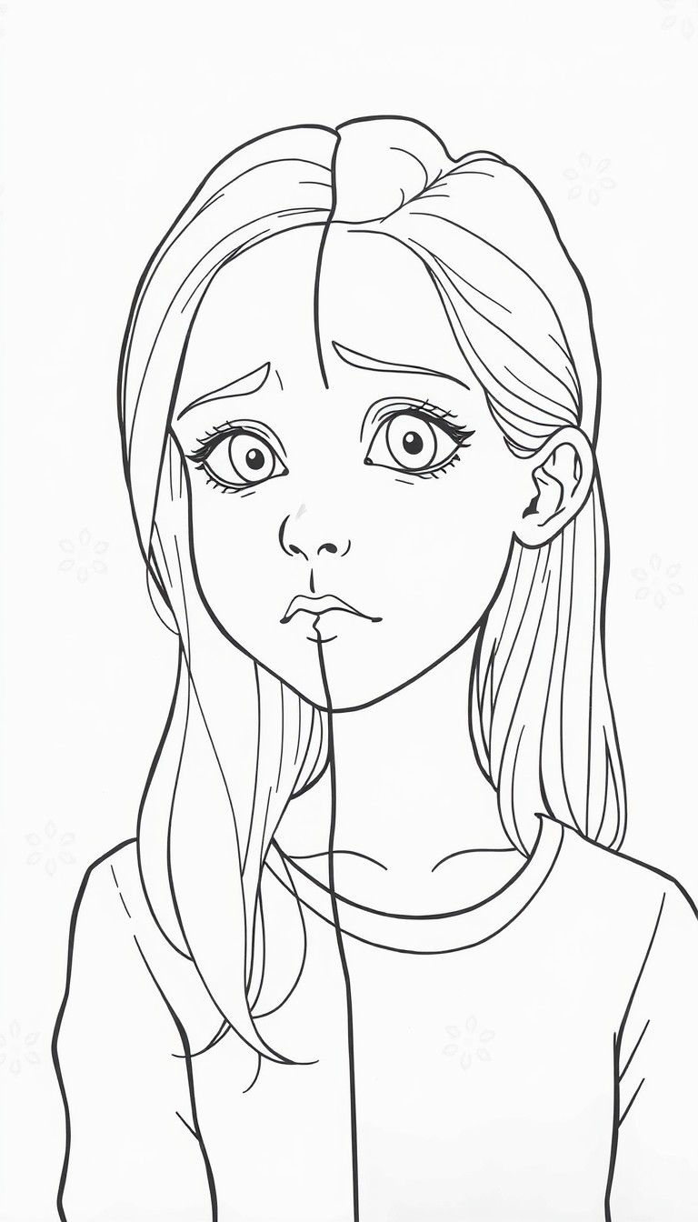 Uma menina de 12 anos, dividida ao meio verticalmente. O lado esquerdo dela est com aparncia empobrecida roupa simples e amassada, expresso triste, segurando materiais escolares baratos lpis comum, ca