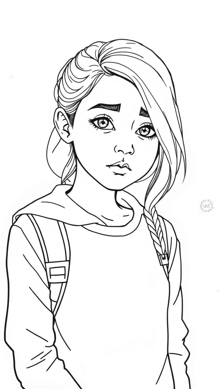 Uma menina de 12 anos, dividida ao meio verticalmente. O lado esquerdo dela est com aparncia empobrecida roupa simples e amassada, expresso triste, segurando materiais escolares baratos lpis comum, ca