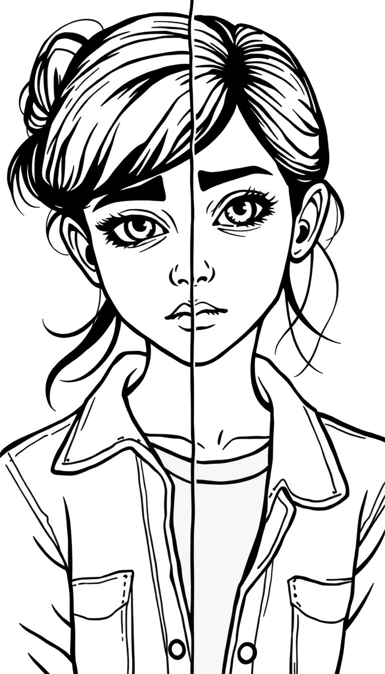 Uma menina de 12 anos, dividida ao meio verticalmente. O lado esquerdo dela est com aparncia empobrecida roupa simples e amassada, expresso triste, segurando materiais escolares baratos lpis comum, ca